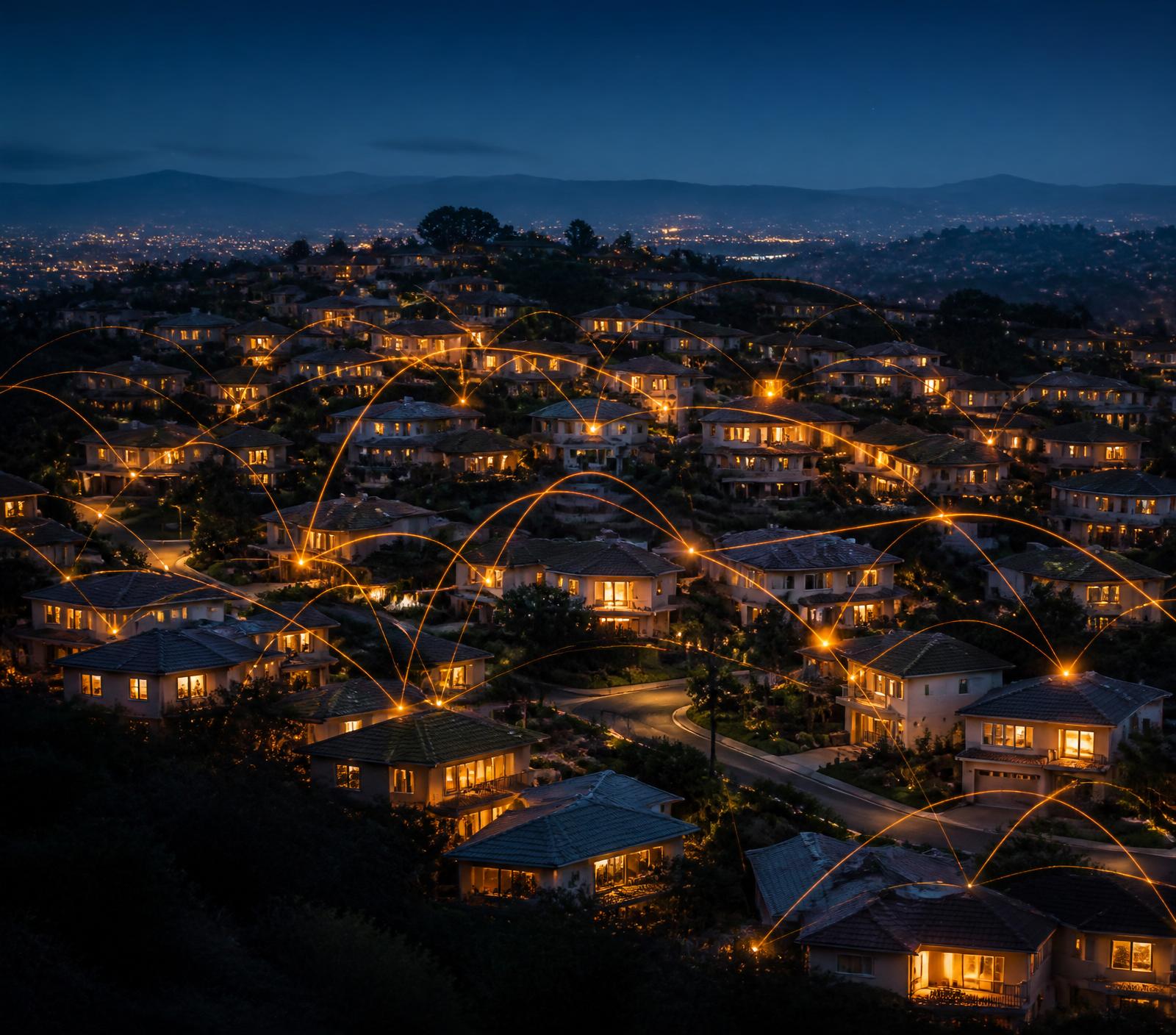 Aerial view of a community at blue hour, homes linked by warm orange fiber-optic light strands